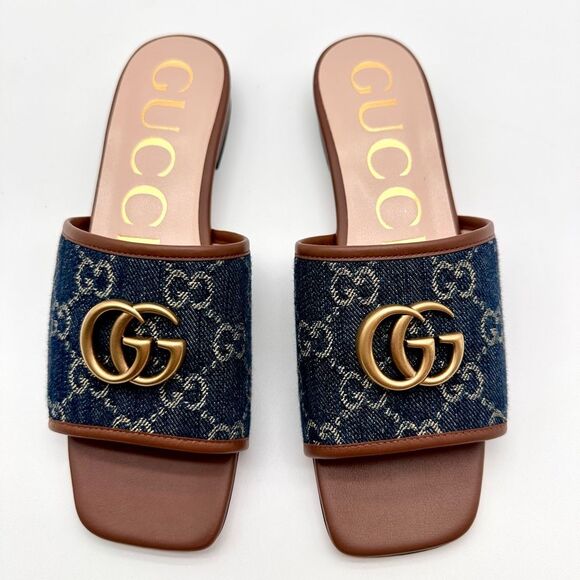 Gucci Jolie Denim Marmont GG Monogram Miro Calfskin Slide Sandals EU 36.5 - Picture 2 of 9